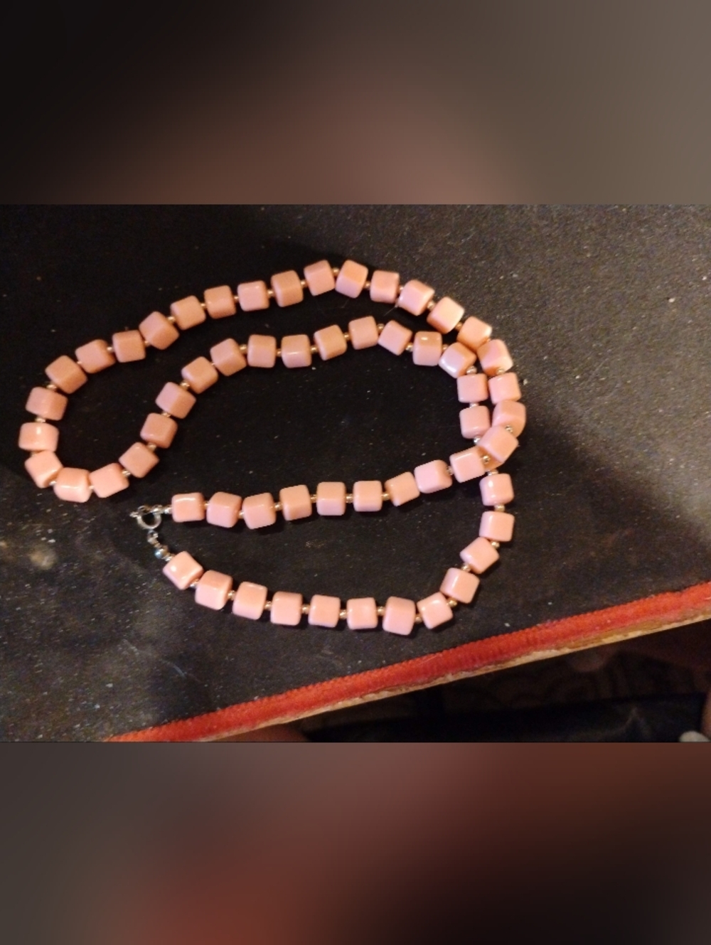 Vintage, Soft Pink, Square Acrylic Beaded Necklace Gold colored Spacers, 23 In, - Picture 3 of 5